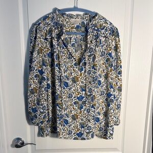 LOFT White Blouse, Blue and Olive Floral Print Tie Neck NWT Size L